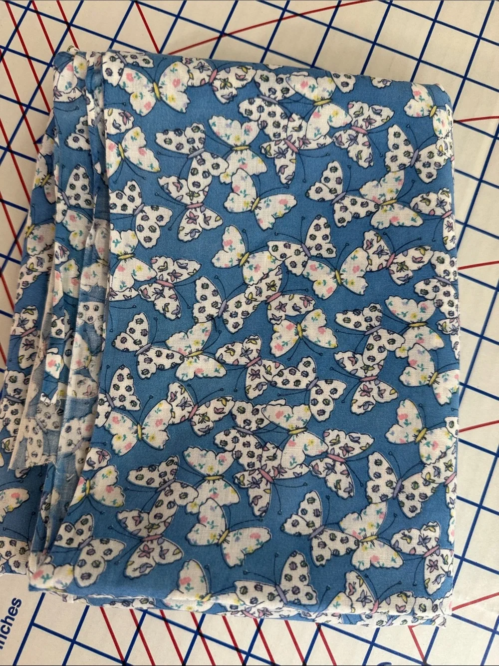 Vintage Blue Butterfly Ditsy Floral Fabric Lightweight 1 3/4 Yards x 44